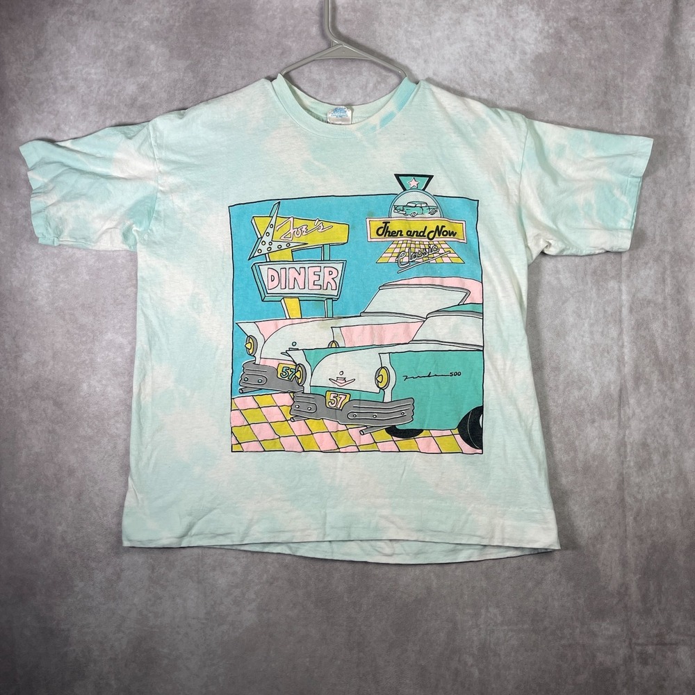 VINTAGE 80s Joes Diner Tie Dye Shirt Adult Large Blue Tie Dye Retro USA Made
